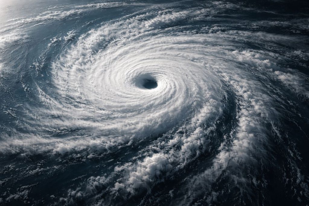 Satellite view of a powerful tropical storm over the ocean.